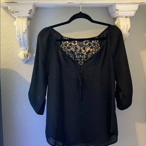 Black sheer mid sleeve blouse with open back